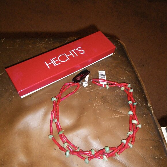 Women's Triple Stranded Necklace w/ Turquoise & Red Coral Beads - Picture 1 of 2